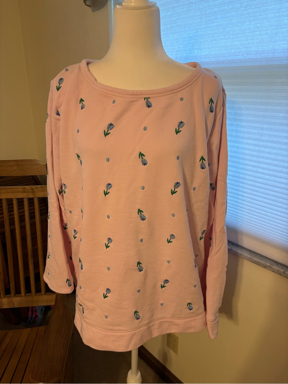 Talbots Pink Sweatshirt with Blue Floral Embroidery